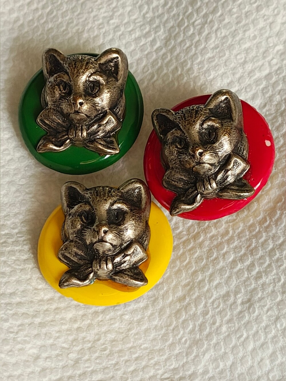 Set Of 3 Vintage Ceramic And Brass Cat Face Button Covers